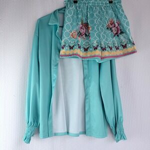Women 2XL Turquoise Blue Floral Cardigan Shorts Loungewear Set Swim Summer Beach
